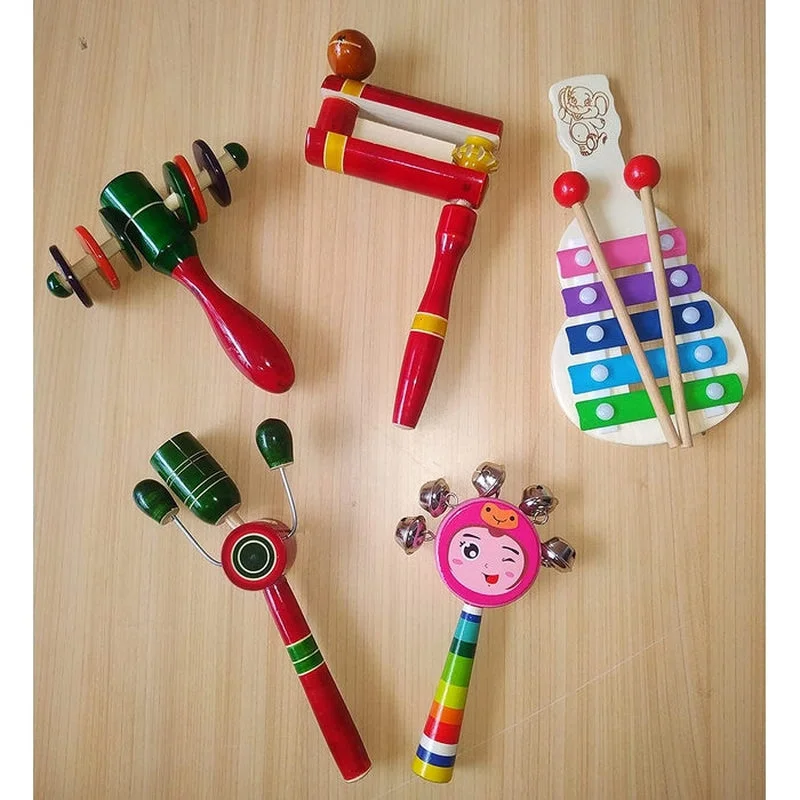 Wooden Rattles for Baby - Set of 5 pcs - Non toxic Multicolor