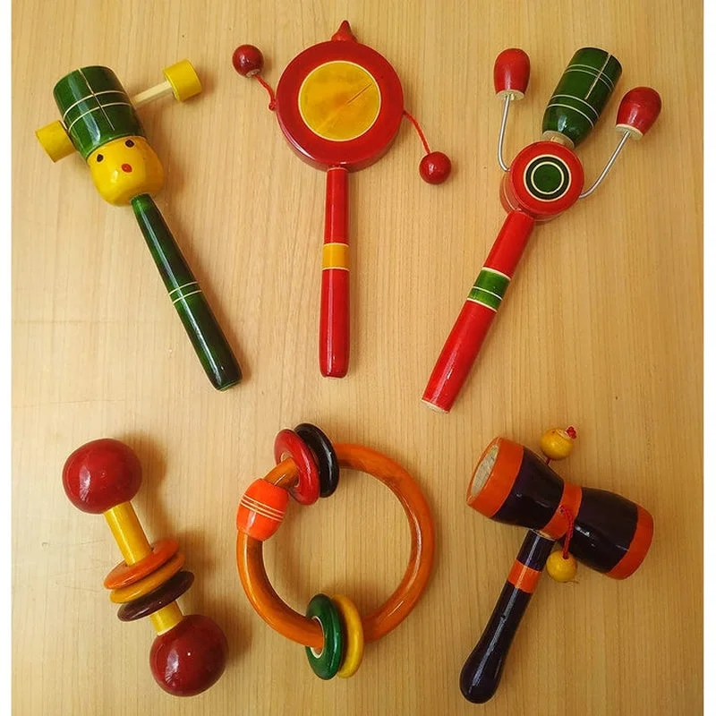 Wooden Rattles for Baby - Set of 6 pcs - Multicolor